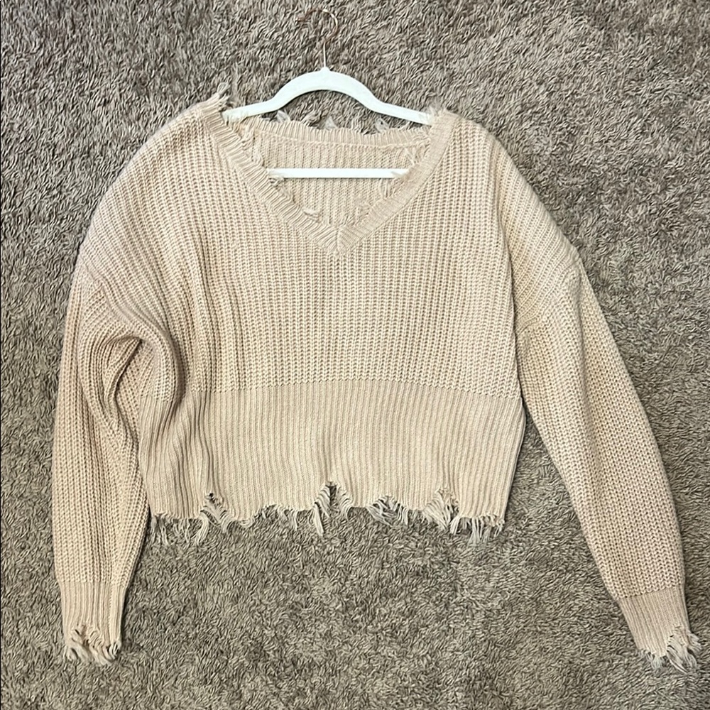 Peachy Beige Distressed Knit Sweater
